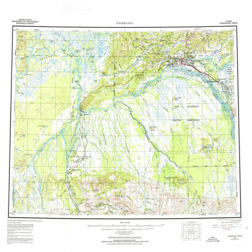 YellowMaps Fairbanks AK topo map, 1:250000 Scale, 1 X 3 Degree, Historical, 1952, Updated 1974, 24.3 x 26 in - Tyvek