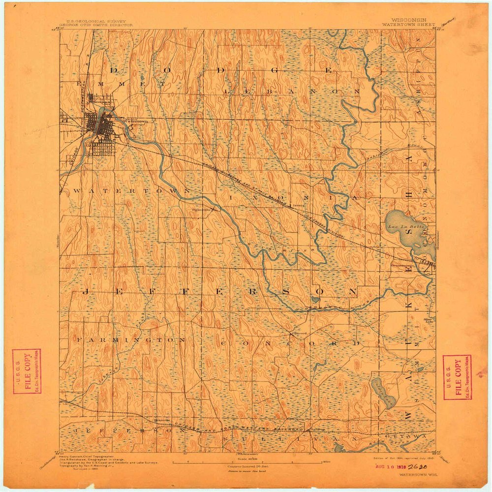 YellowMaps Watertown WI topo map, 1:62500 Scale, 15 X 15 Minute, Historical, 1894, Updated 1910, 20.35 x 16.78 in - Polypropylene