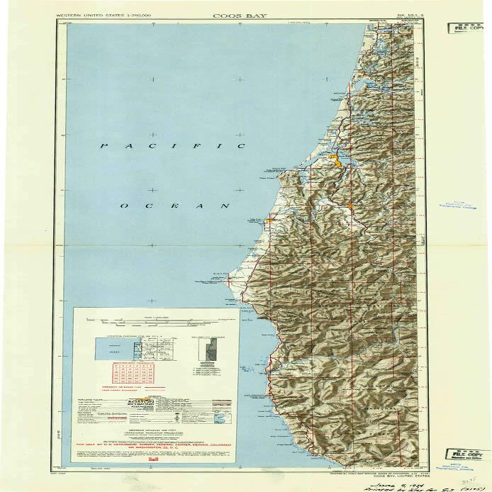 YellowMaps Coos Bay OR topo map, 1:250000 Scale, 2 X 1 Degree, Historical, 1954, Updated 1954, 38.8 x 18 in - Polypropylene