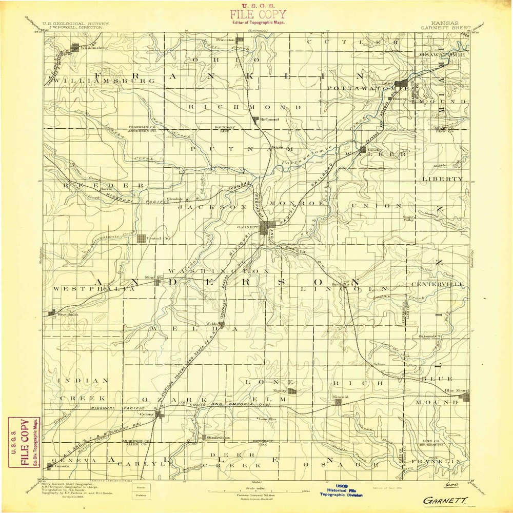 YellowMaps Garnett KS topo map, 1:125000 Scale, 30 X 30 Minute, Historical, 1894, 20 x 16.59 in - Tyvek