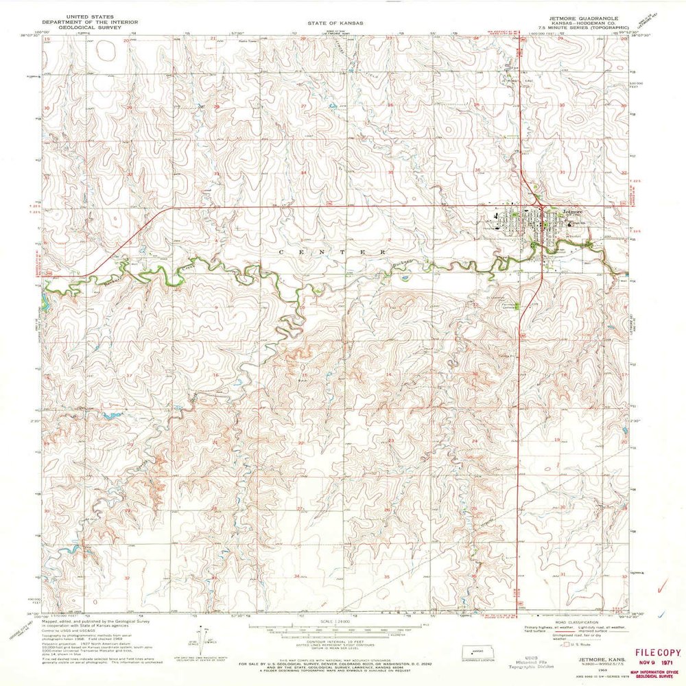 YellowMaps Jetmore KS topo map, 1:24000 Scale, 7.5 X 7.5 Minute, Historical, 1969, Updated 1971, 26.98 x 21.03 in - Polypropylene