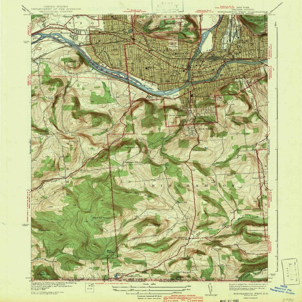 YellowMaps Binghamton West NY topo map, 1:31680 Scale, 7.5 X 7.5 Minute, Historical, 1942, 19.8 x 16.4 in - Tyvek