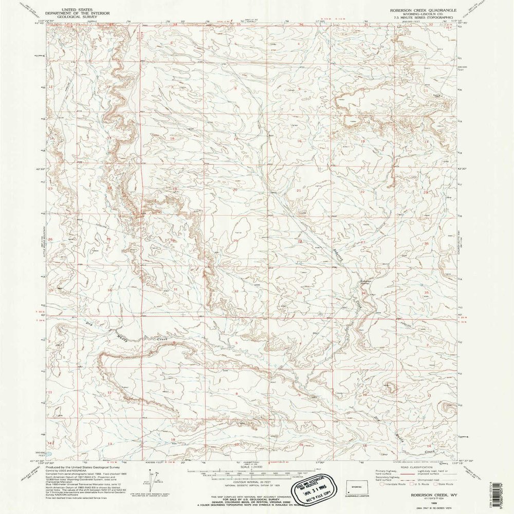 YellowMaps Roberson Creek WY topo map, 1:24000 Scale, 7.5 X 7.5 Minute, Historical, 1969, Updated 1995, 26.7 x 21.4 in - Tyvek