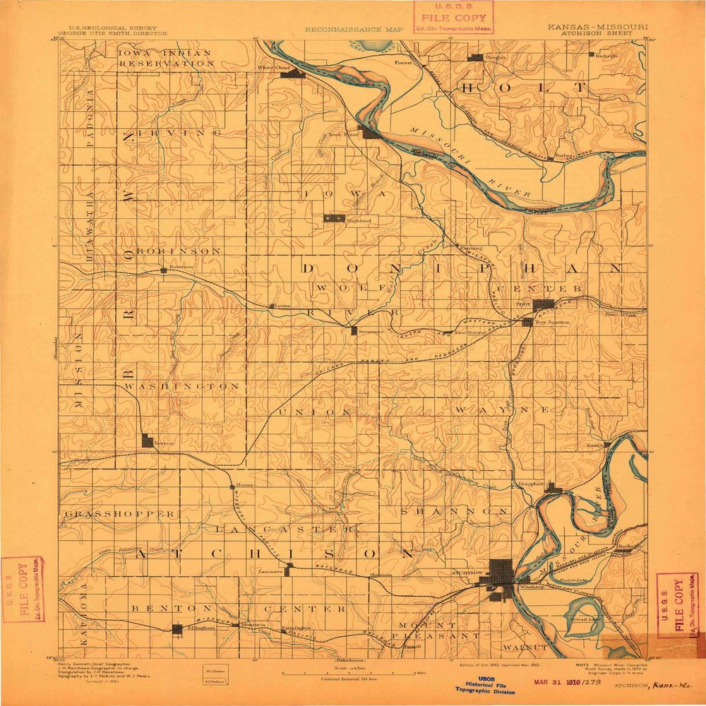 YellowMaps Atchison KS topo map, 1:125000 Scale, 30 X 30 Minute, Historical, 1893, Updated 1910, 19.96 x 16.22 in - Polypropylene