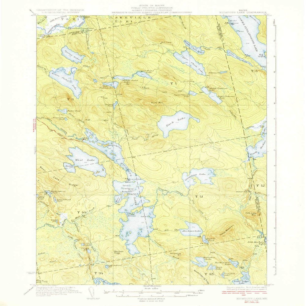YellowMaps Nicatous Lake ME topo map, 1:62500 Scale, 15 X 15 Minute, Historical, 1934, 19.9 x 16.5 in - Polypropylene
