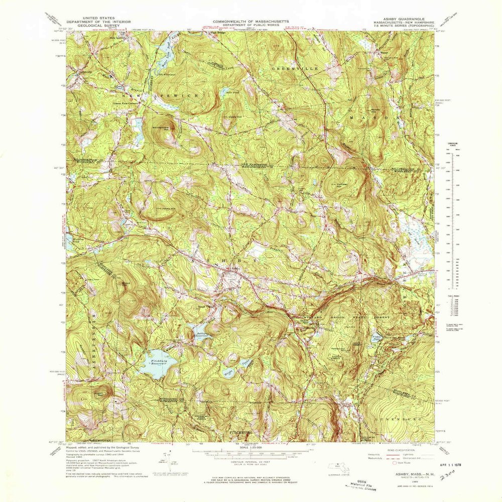 YellowMaps Ashby MA topo map, 1:25000 Scale, 7.5 X 7.5 Minute, Historical, 1965, Updated 1978, 26.7 x 22 in - Polypropylene