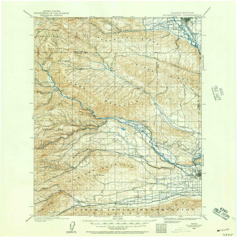 YellowMaps Ellensburg WA topo map, 1:125000 Scale, 30 X 30 Minute, Historical, 1899, Updated 1957, 21 x 17.1 in - Polypropylene