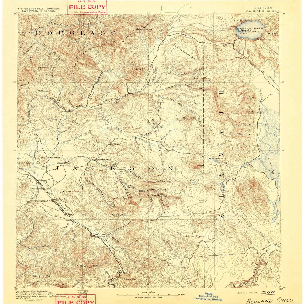 YellowMaps Ashland OR topo map, 1:250000 Scale, 1 X 1 Degree, Historical, 1891, 19.4 x 15 in - Tyvek