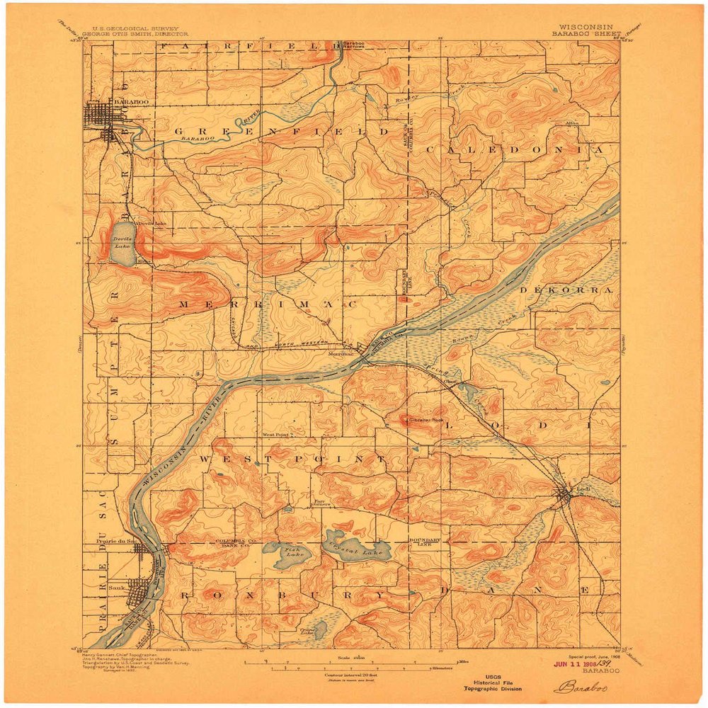 YellowMaps Baraboo WI topo map, 1:62500 Scale, 15 X 15 Minute, Historical, 1908, 20.36 x 16.83 in - Polypropylene