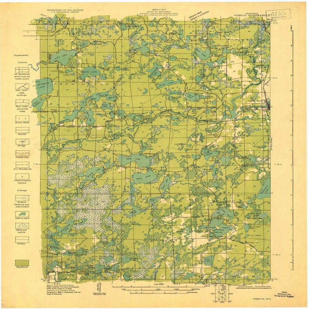 YellowMaps Robbins WI topo map, 1:48000 Scale, 15 X 15 Minute, Historical, 1930, 27.28 x 22.06 in - Polypropylene