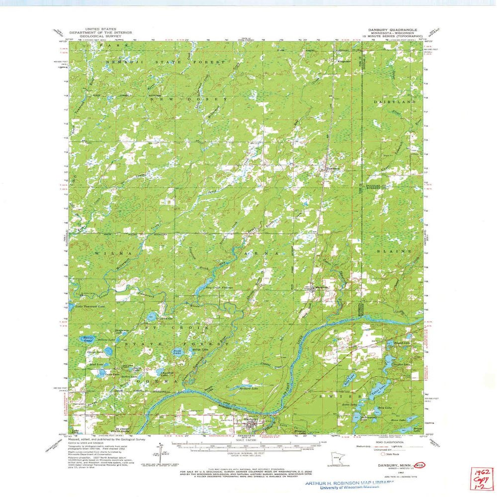 YellowMaps Danbury WI topo map, 1:62500 Scale, 15 X 15 Minute, Historical, 1962, Updated 1969, 27.23 x 21.53 in - Polypropylene