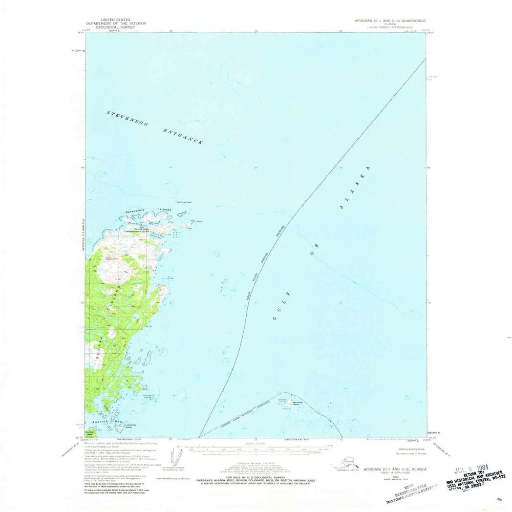 YellowMaps Afognak C 1 and C 2 AK topo map, 1:63360 Scale, 15 X 15 Minute, Historical, 1952, Updated 1981, 21.9 x 18.1 in - Polypropylene