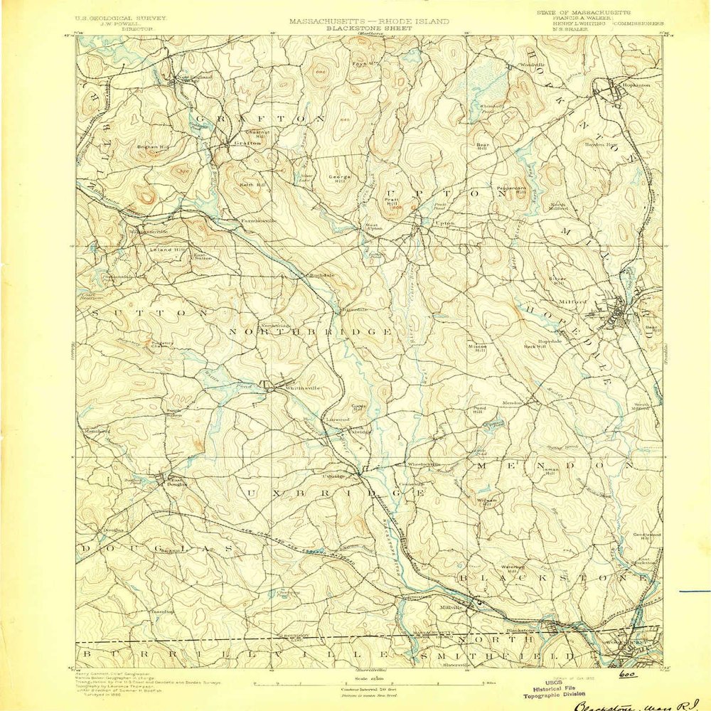 YellowMaps Blackstone MA topo map, 1:62500 Scale, 15 X 15 Minute, Historical, 1893, 19.7 x 15.8 in - Polypropylene