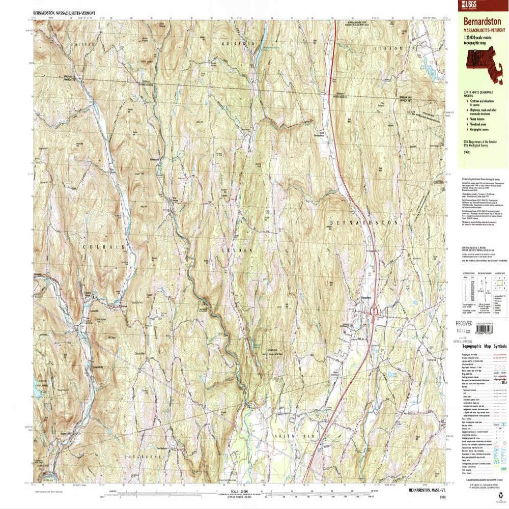 YellowMaps Bernardston MA topo map, 1:25000 Scale, 7.5 X 15 Minute, Historical, 1998, Updated 2000, 24 x 39.9 in - Polypropylene