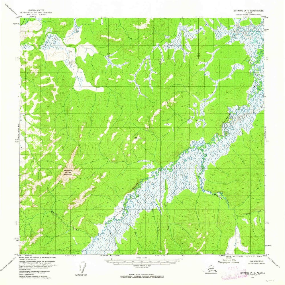 YellowMaps Iditarod A 6 AK topo map, 1:63360 Scale, 15 X 15 Minute, Historical, 1954, Updated 1962, 20.9 x 18.9 in - Polypropylene
