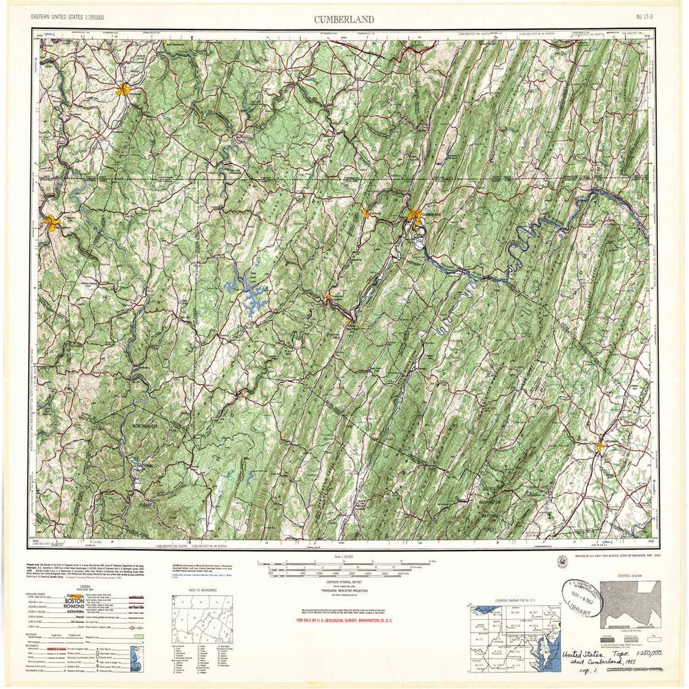 YellowMaps Cumberland MD topo map, 1:250000 Scale, 1 X 2 Degree, Historical, 1957, 24.1 x 30.5 in - Tyvek