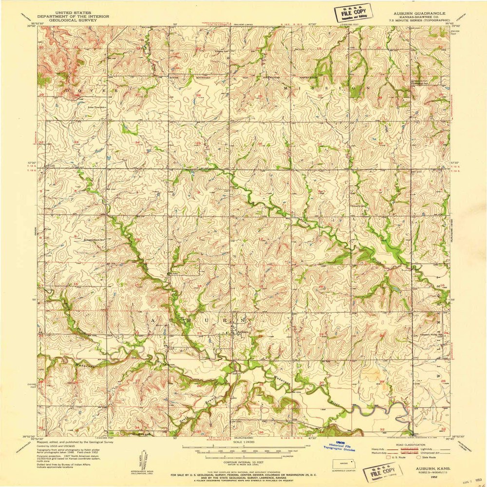 YellowMaps Auburn KS topo map, 1:24000 Scale, 7.5 X 7.5 Minute, Historical, 1952, Updated 1953, 27 x 20.97 in - Polypropylene