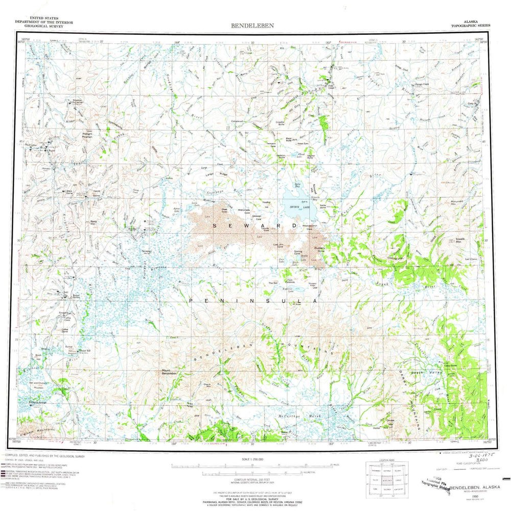 YellowMaps Bendeleben AK topo map, 1:250000 Scale, 1 X 3 Degree, Historical, 1950, Updated 1975, 22.6 x 24.2 in - Tyvek