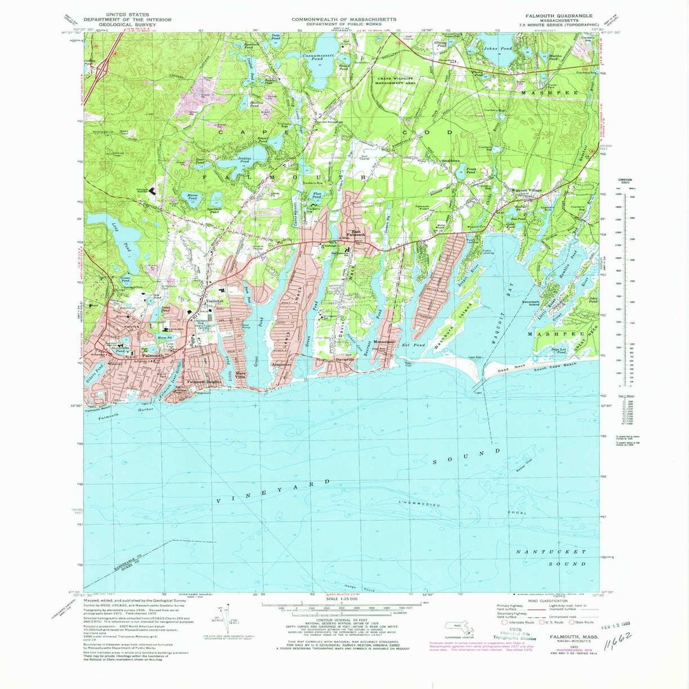 YellowMaps Falmouth MA topo map, 1:25000 Scale, 7.5 X 7.5 Minute, Historical, 1972, Updated 1979, 26.9 x 21.9 in - Tyvek