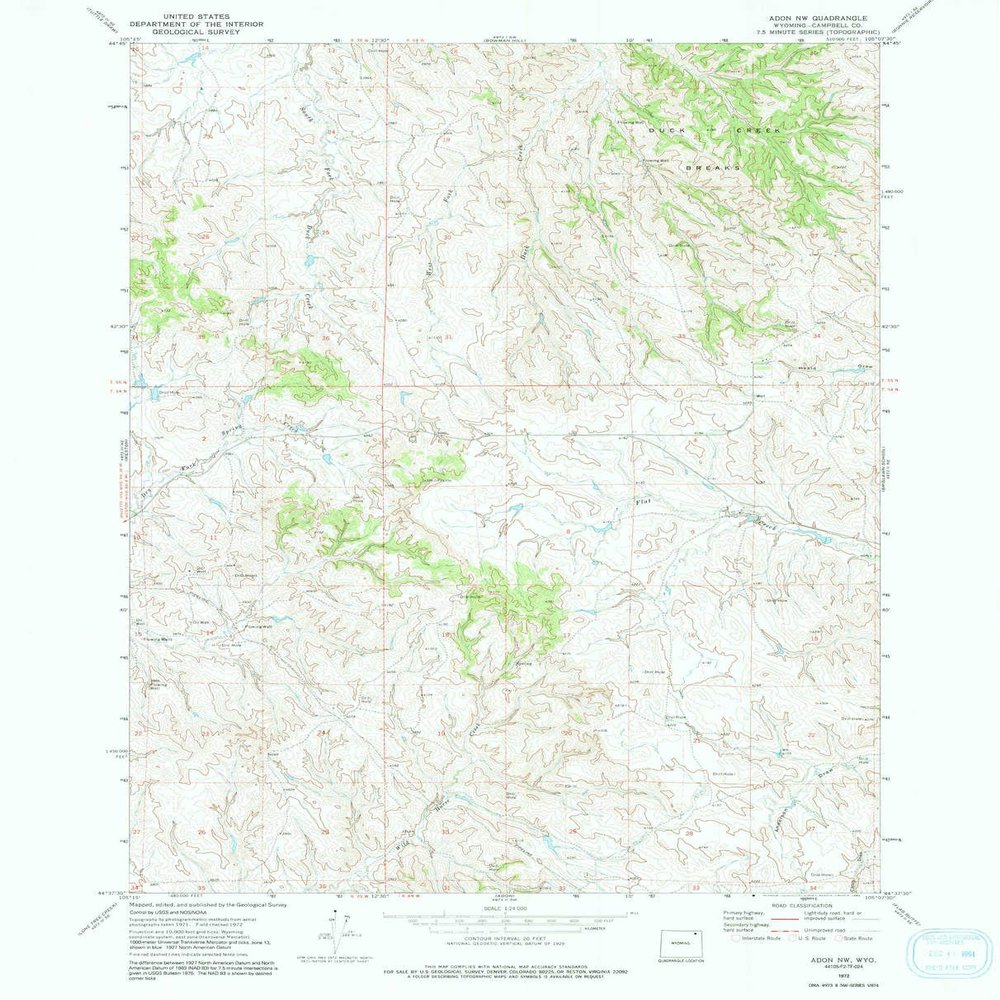 YellowMaps Adon NW WY topo map, 1:24000 Scale, 7.5 X 7.5 Minute, Historical, 1972, Updated 1992, 26.8 x 21.7 in - Polypropylene