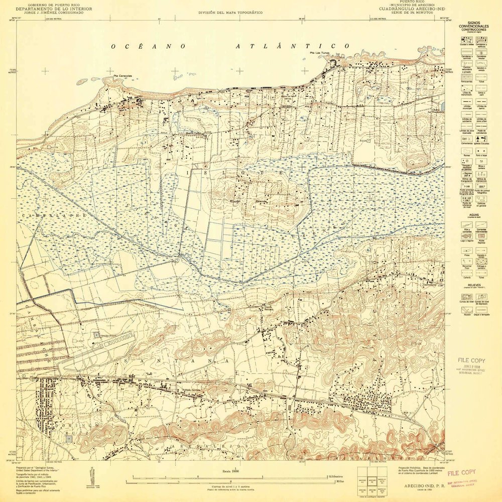 YellowMaps Arecibo NE PR topo map, 1:10000 Scale, 3.75 X 3.75 Minute, Historical, 1950, 31.1 x 30.5 in - Polypropylene