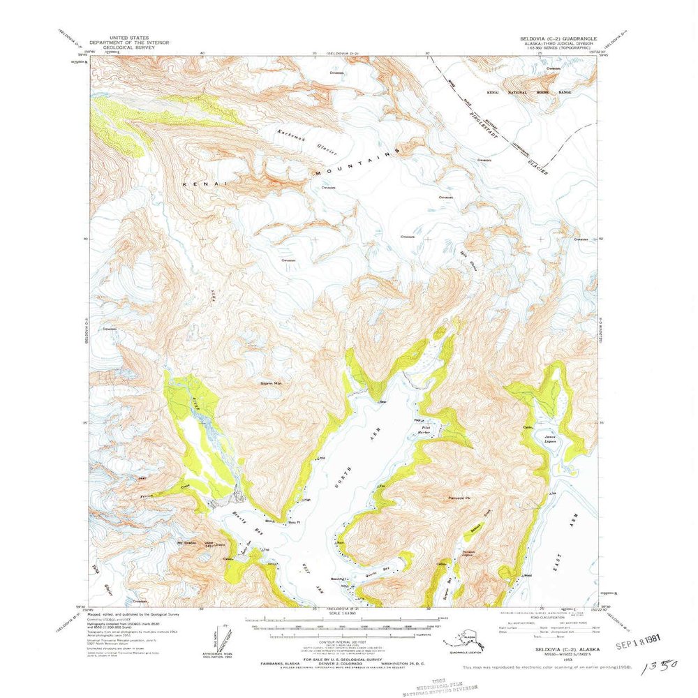 Seldovia C 2 AK topo map, 1:63360 Scale, 15 X 15 Minute, Historical, 1953, Updated 1958, 21.9 x 18.1 in - Polypropylene