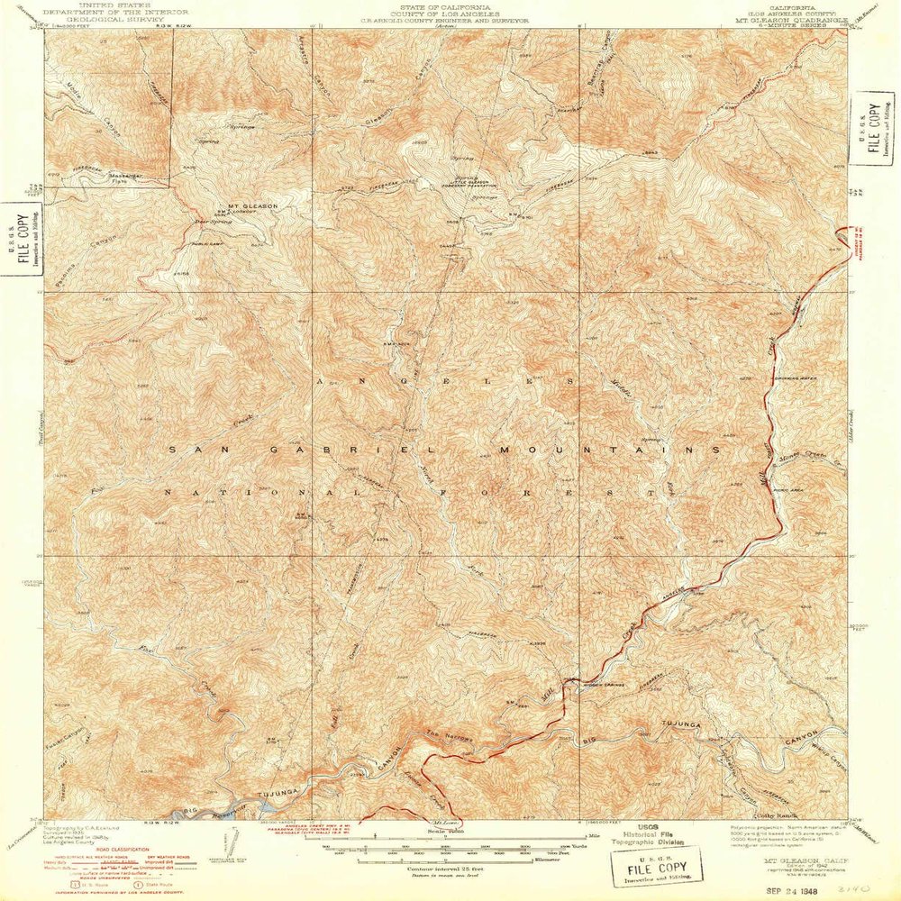 YellowMaps Mt Gleason CA topo map, 1:24000 Scale, 7.5 X 7.5 Minute, Historical, 1942, Updated 1948, 20.7 x 16.9 in - Tyvek