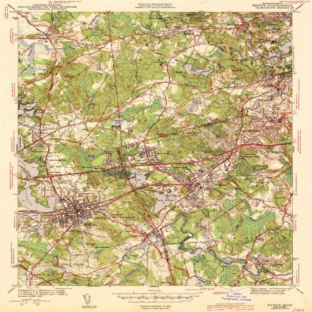 YellowMaps Natick MA topo map, 1:31680 Scale, 7.5 X 7.5 Minute, Historical, 1943, 19.7 x 14.6 in - Tyvek