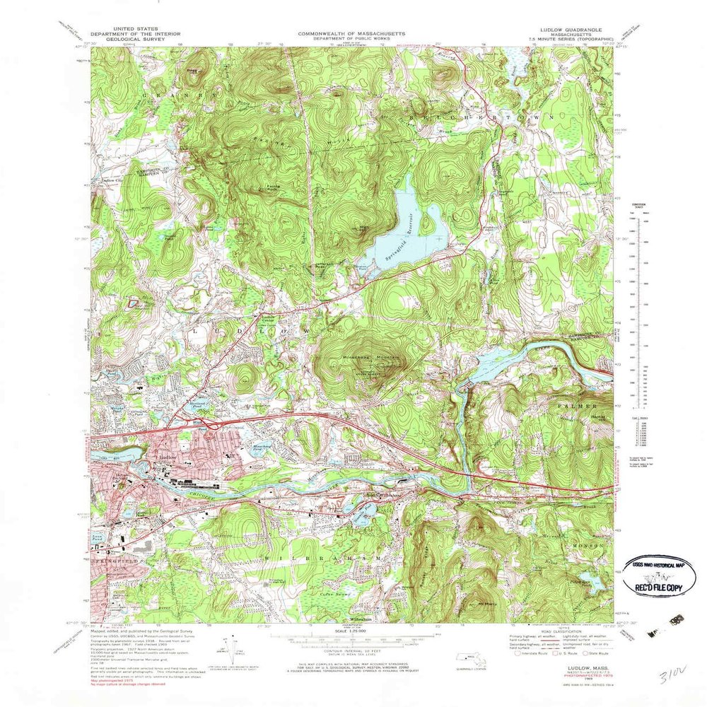 Ludlow MA topo map, 1:25000 Scale, 7.5 X 7.5 Minute, Historical, 1969, Updated 1983, 26.8 x 22 in - Polypropylene