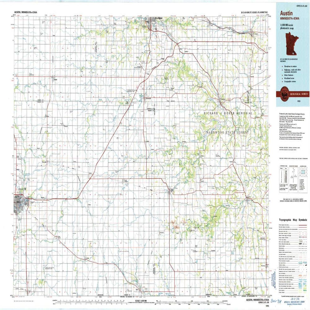 YellowMaps Austin MN topo map, 1:100000 Scale, 30 X 60 Minute, Historical, 1985, Updated 1985, 27.23 x 21.53 in - Polypropylene