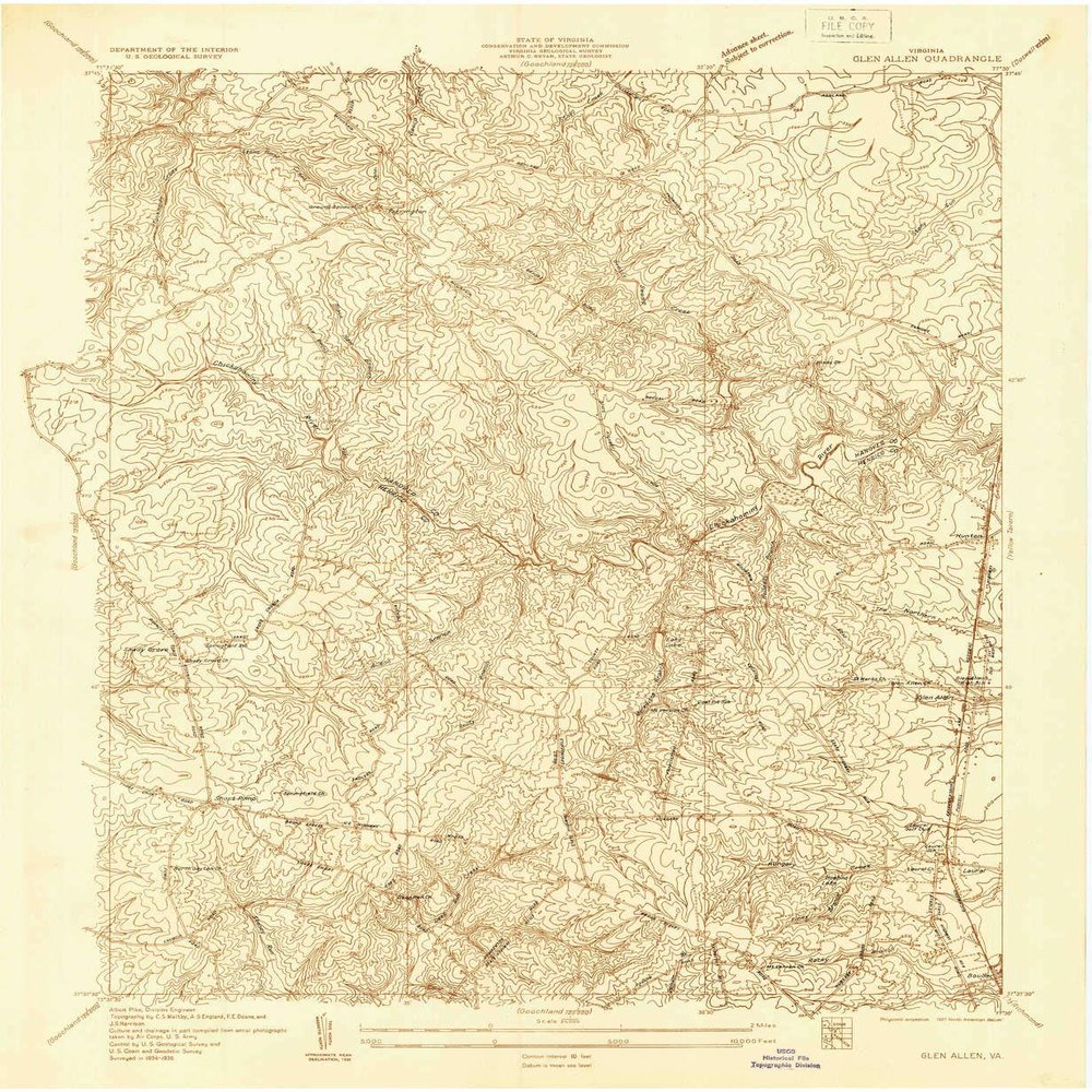 YellowMaps Glen Allen VA topo map, 1:24000 Scale, 7.5 X 7.5 Minute, Historical, 1936, 27 x 22.1 in - Polypropylene