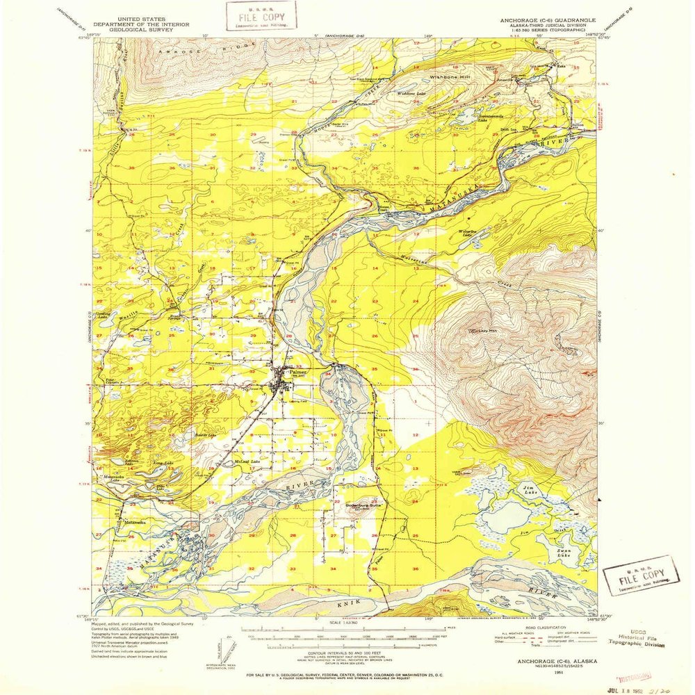 YellowMaps Anchorage C 6 AK topo map, 1:63360 Scale, 15 X 15 Minute, Historical, 1951, Updated 1952, 20.8 x 17 in - Polypropylene