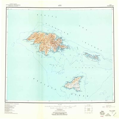 YellowMaps Attu AK topo map, 1:250000 Scale, 1 X 2 Degree, Historical, 1953, Updated 1959, 23 x 30.2 in - Polypropylene