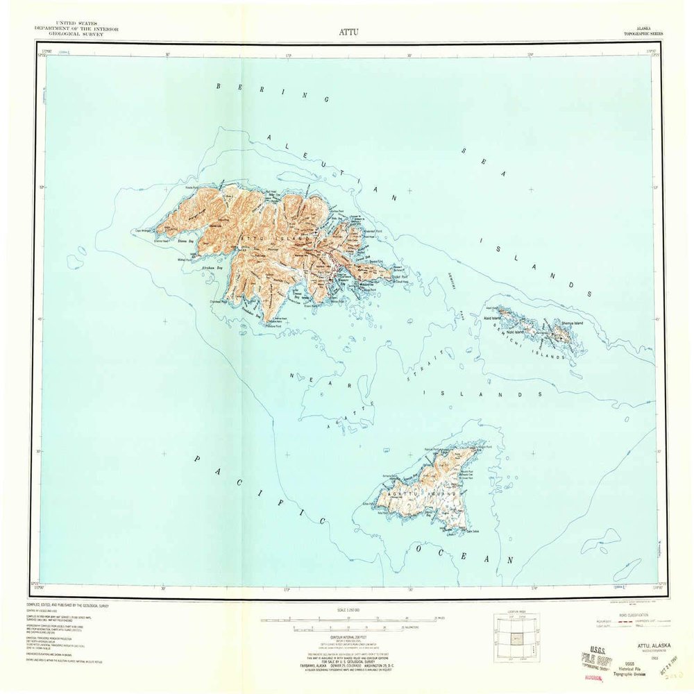 YellowMaps Attu AK topo map, 1:250000 Scale, 1 X 2 Degree, Historical, 1953, Updated 1959, 23 x 30.2 in - Polypropylene