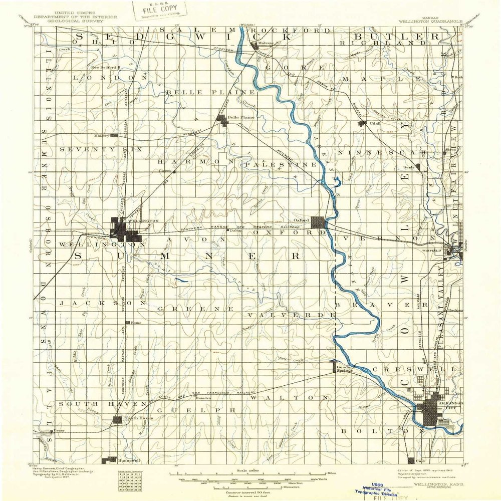 Wellington KS topo map, 1:125000 Scale, 30 X 30 Minute, Historical, 1890, Updated 1949, 20 x 16.31 in - Polypropylene