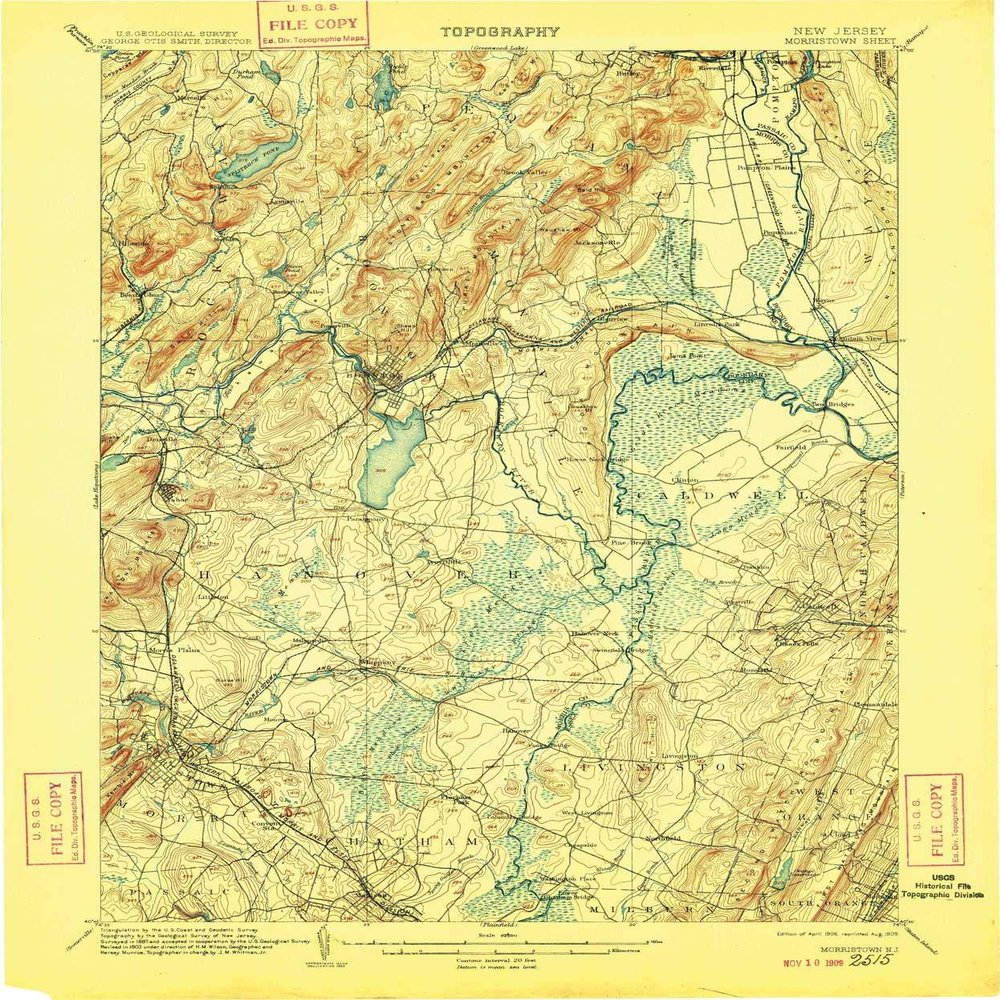 YellowMaps Morristown NJ topo map, 1:62500 Scale, 15 X 15 Minute, Historical, 1906, Updated 1909, 20 x 16.6 in - Polypropylene