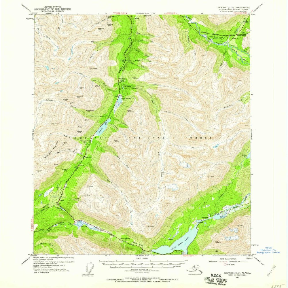 YellowMaps Seward C 7 AK topo map, 1:63360 Scale, 15 X 15 Minute, Historical, 1953, Updated 1959, 20.8 x 17 in - Polypropylene