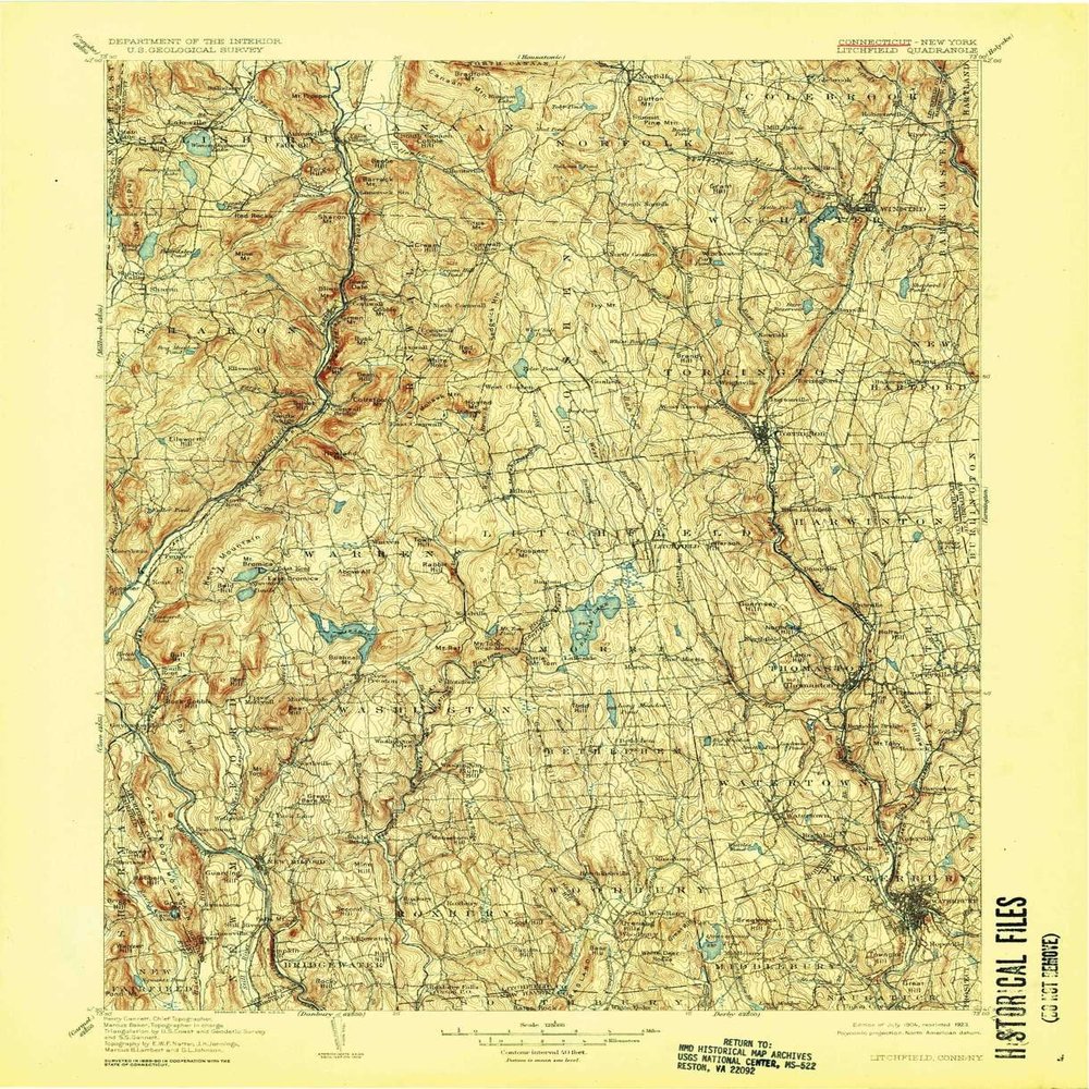 YellowMaps Litchfield CT topo map, 1:125000 Scale, 30 X 30 Minute, Historical, 1904, Updated 1923, 20 x 16.4 in - Polypropylene