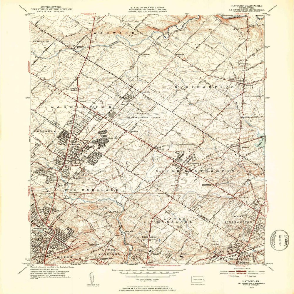 YellowMaps Hatboro PA topo map, 1:24000 Scale, 7.5 X 7.5 Minute, Historical, 1952, Updated 1953, 26.9 x 22 in - Polypropylene