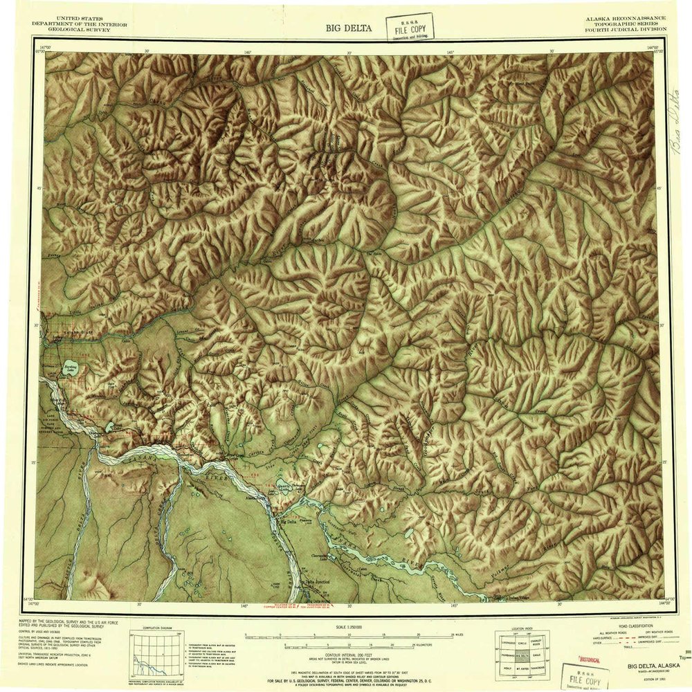 YellowMaps Big Delta AK topo map, 1:250000 Scale, 1 X 3 Degree, Historical, 1951, 22.2 x 25.4 in - Polypropylene