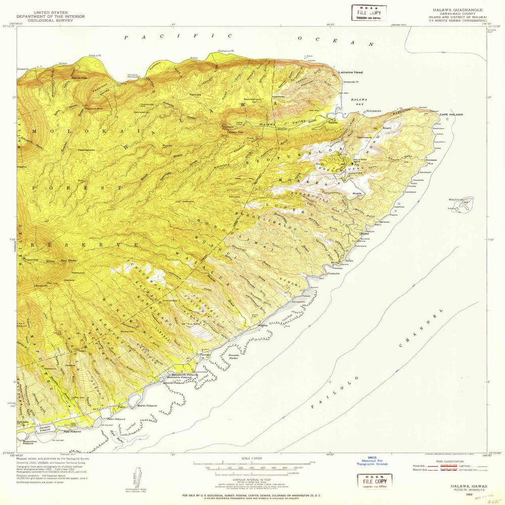 YellowMaps Halawa HI topo map, 1:24000 Scale, 7.5 X 7.5 Minute, Historical, 1952, Updated 1953, 26.9 x 22.9 in - Tyvek