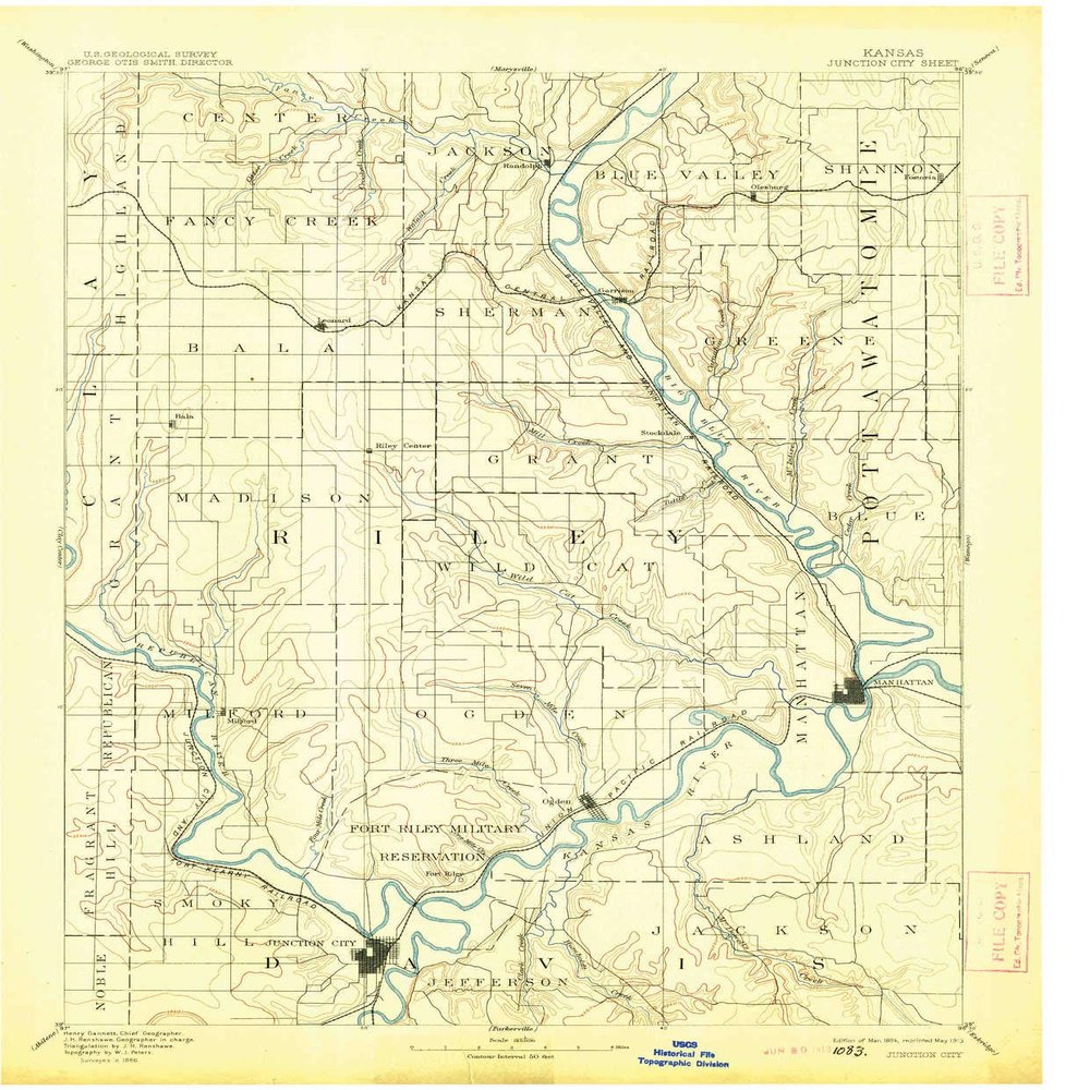 YellowMaps Junction City KS topo map, 1:125000 Scale, 30 X 30 Minute, Historical, 1894, Updated 1913, 20.01 x 16.56 in - Polypropylene