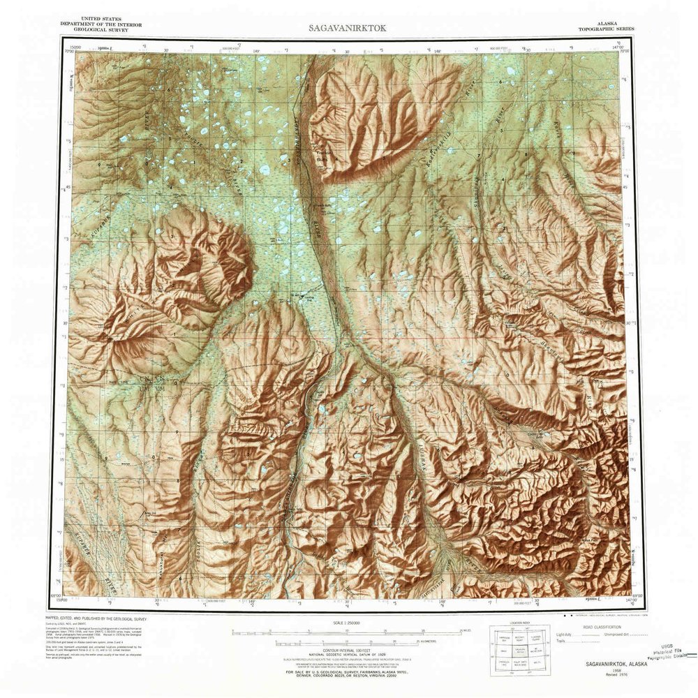 YellowMaps Sagavanirktok AK topo map, 1:250000 Scale, 1 X 3 Degree, Historical, 1958, Updated 1978, 22.5 x 23.2 in - Tyvek