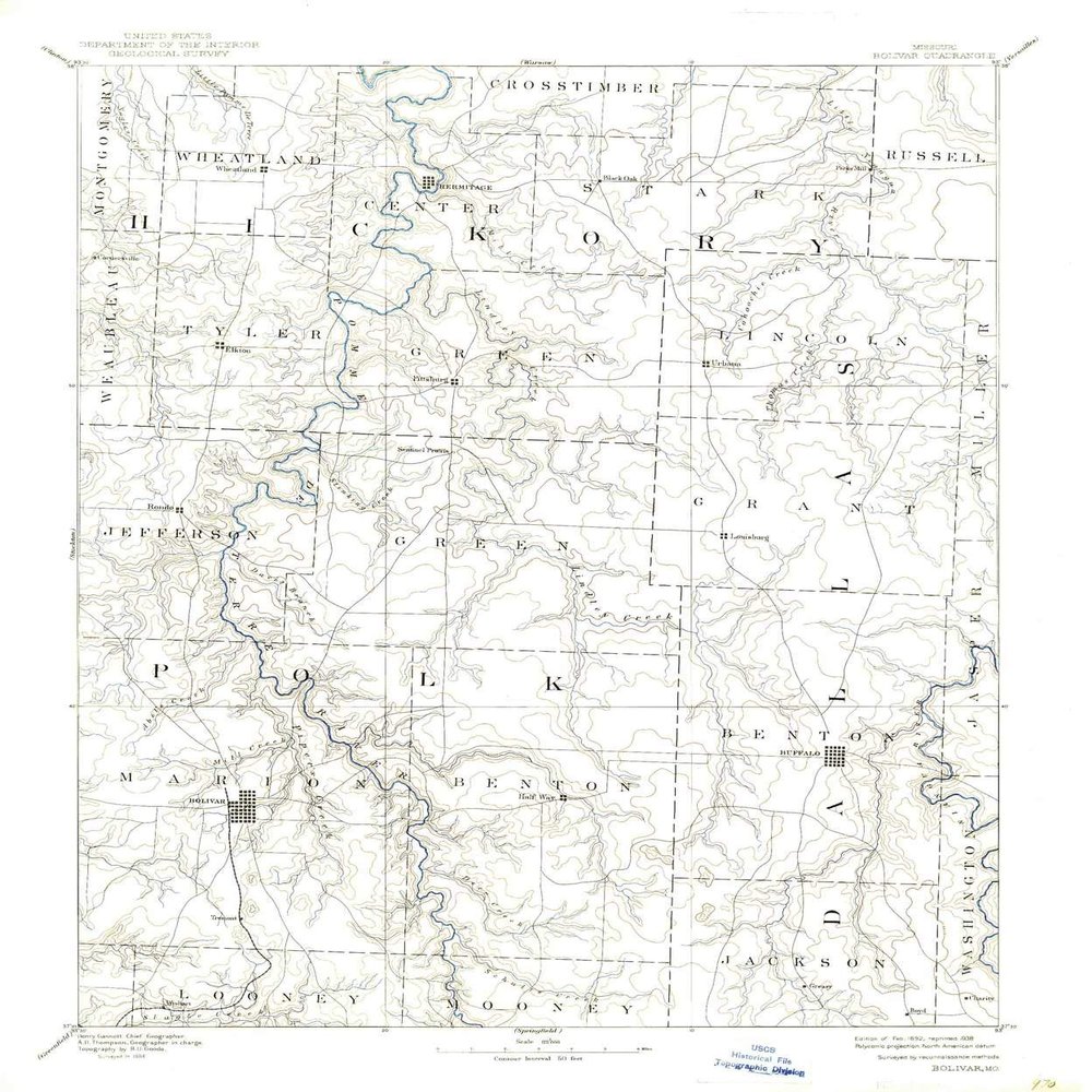 YellowMaps Bolivar MO topo map, 1:125000 Scale, 30 X 30 Minute, Historical, 1892, Updated 1938, 19.8 x 16.5 in - Tyvek
