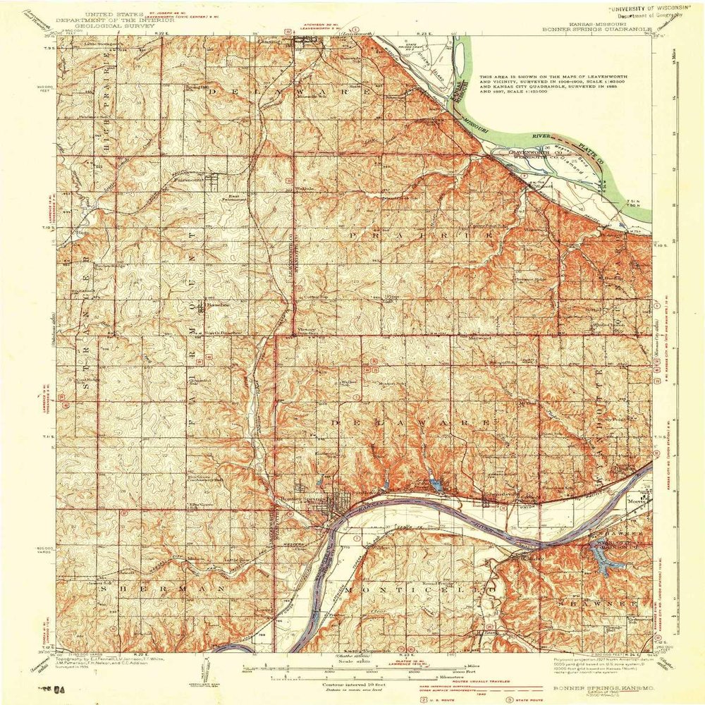 YellowMaps Bonner Springs KS topo map, 1:62500 Scale, 15 X 15 Minute, Historical, 1940, 19.97 x 16.11 in - Polypropylene