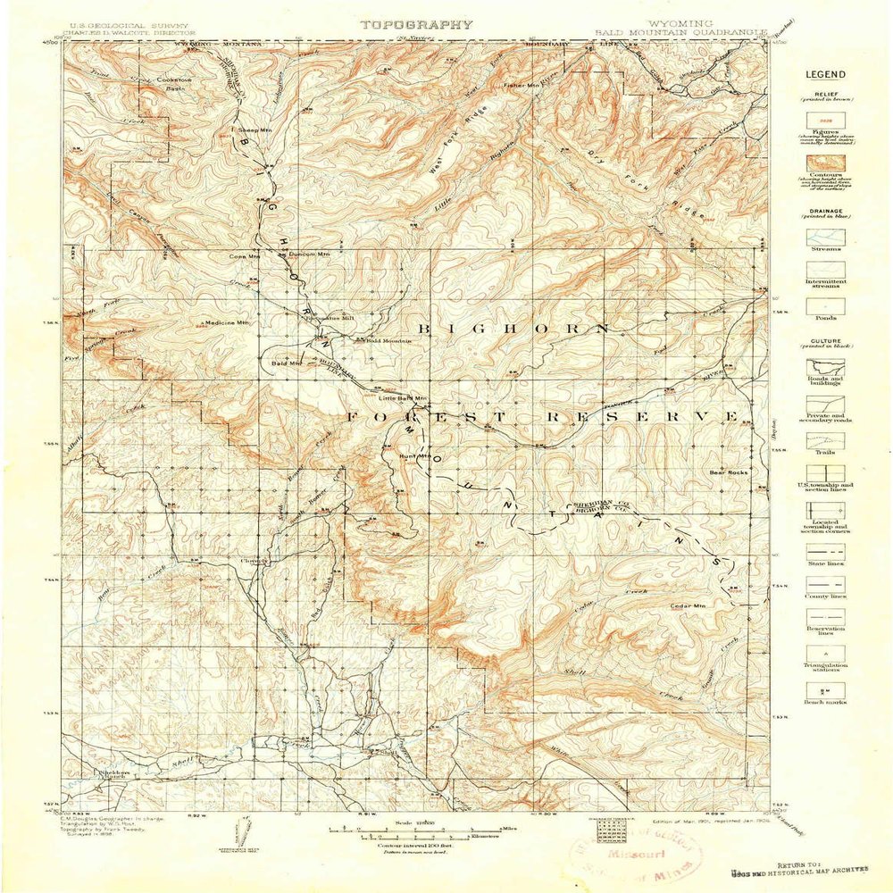 YellowMaps Bald Mountain WY topo map, 1:125000 Scale, 30 X 30 Minute, Historical, 1901, Updated 1906, 20.3 x 15.8 in - Tyvek
