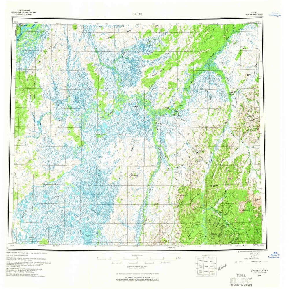 YellowMaps Ophir AK topo map, 1:250000 Scale, 1 X 3 Degree, Historical, 1954, Updated 1965, 23 x 27.7 in - Polypropylene