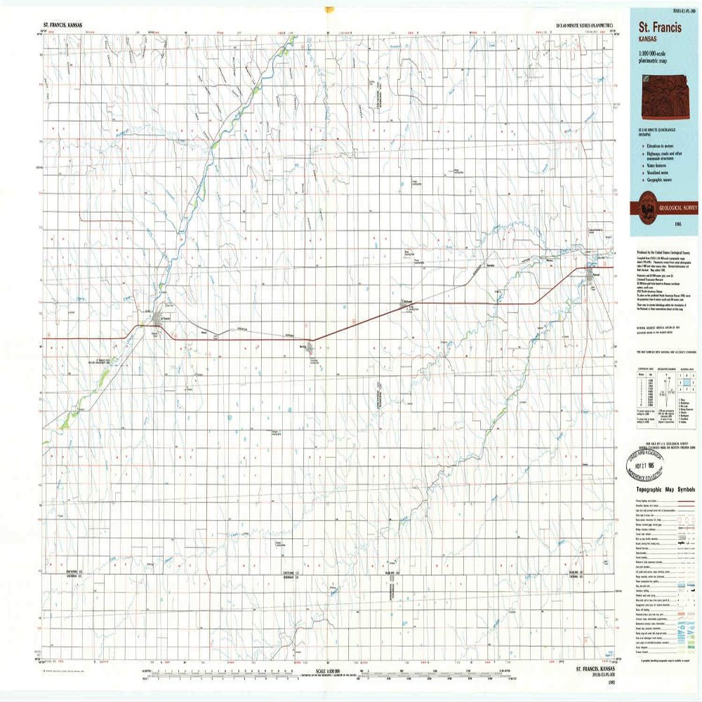YellowMaps St Francis KS topo map, 1:100000 Scale, 30 X 60 Minute, Historical, 1985, Updated 1985, 24.54 x 41.48 in - Tyvek