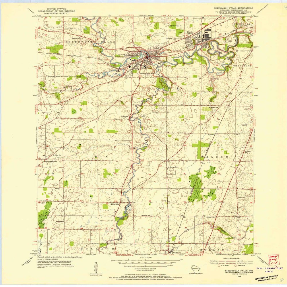 YellowMaps Sheboygan Falls WI topo map, 1:24000 Scale, 7.5 X 7.5 Minute, Historical, 1954, Updated 1956, 27.56 x 22.04 in - Tyvek