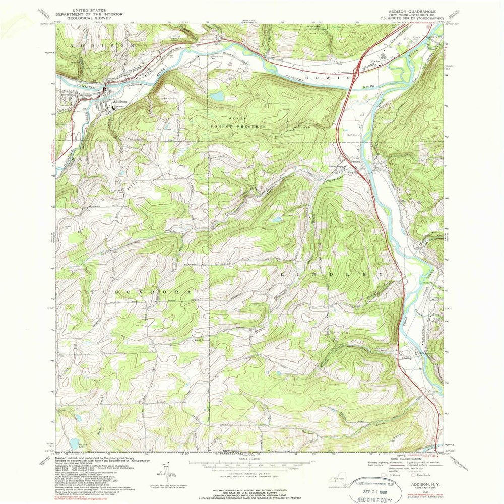 YellowMaps Addison NY topo map, 1:24000 Scale, 7.5 X 7.5 Minute, Historical, 1969, Updated 1988, 26.9 x 22.1 in - Polypropylene